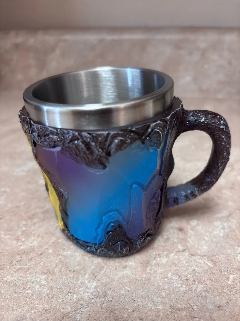 Handcrafted Geode-Style Resin Mug, Stainless Steel Liner –Yellow Blue Agate Look